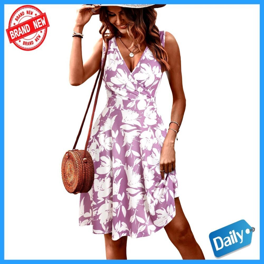 Wrap V Neck Sleeveless Sundress with Pockets, Flare A-Line Tank Dress